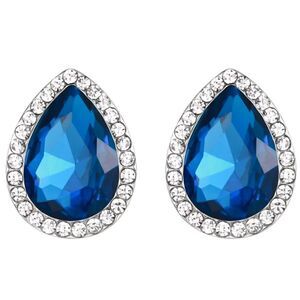 Silver with Lake Blue and White Diamond Austrian Crystal Teardrop Stud Earrings